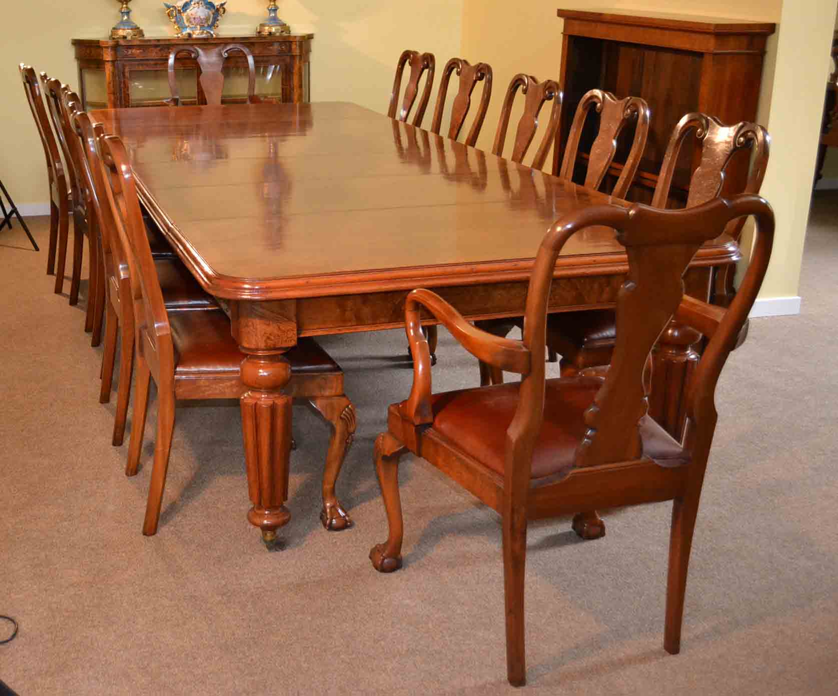 Antique Victorian Walnut Dining Table & 12 Chairs