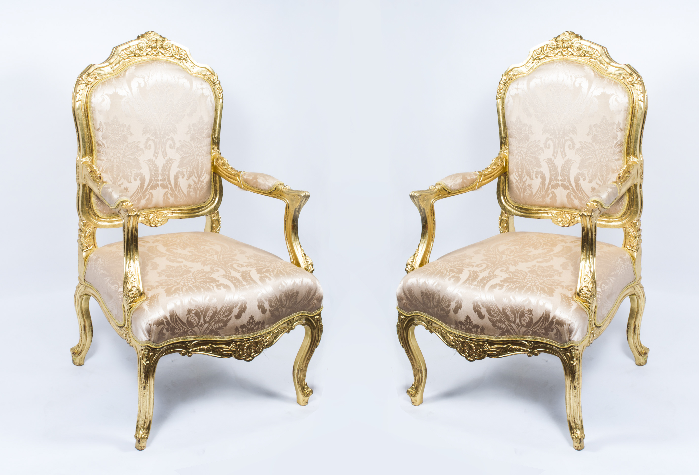 Pair of French 19th Century Gold Gilt Louis XV Armchairs