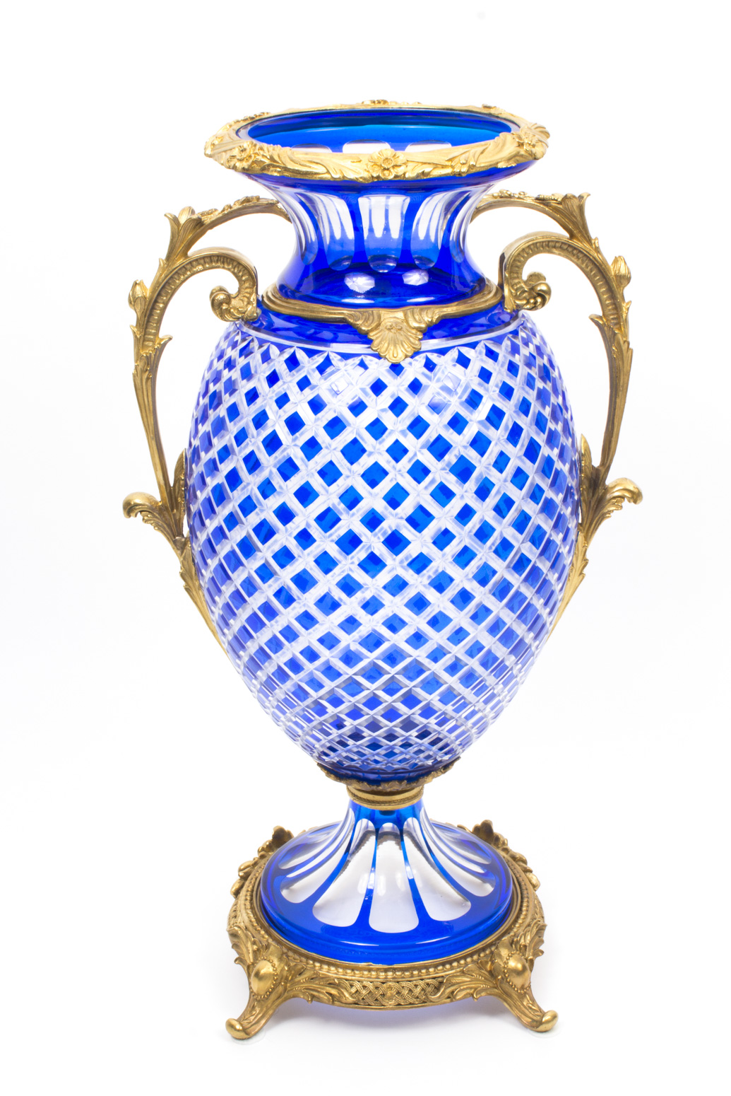 Beautiful Blue Cut Crystal Glass & Ormolu Mounted Vase