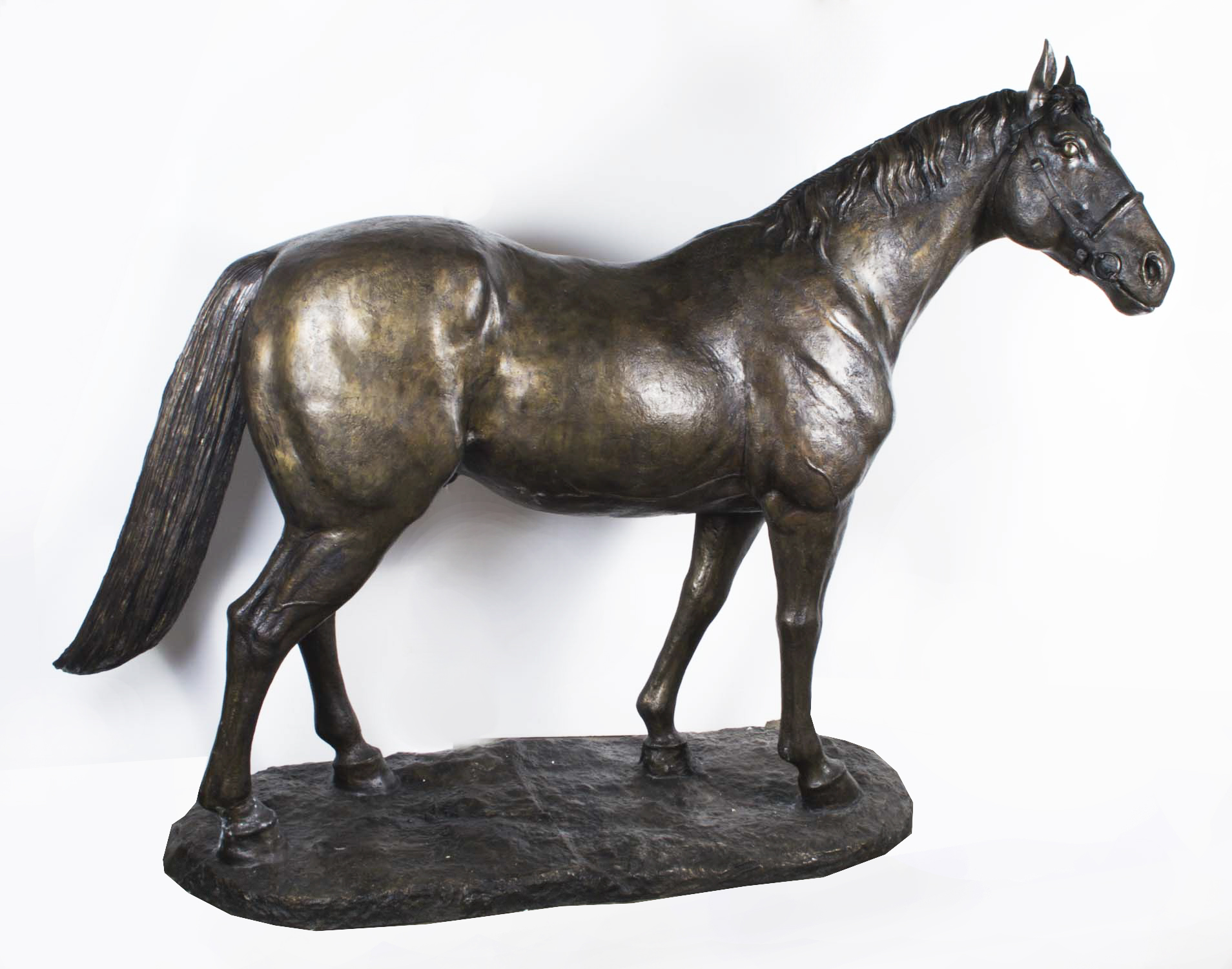08264 Vintage Massive Life Size Bronze Statue Of A Stallion Horse 20th C 1 