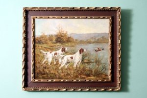 Antique Oil Painting Gun Dogs with Duck in Flight | Ref. no. 01919 | Regent Antiques