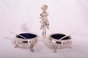 Silver Plated Cherub Salts Dish with Blue Glass Liner | Ref. no. 03790 | Regent Antiques