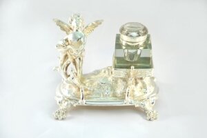 Winged Cherub Silver Plated Ink Well Desk Set | Ref. no. 05227 | Regent Antiques