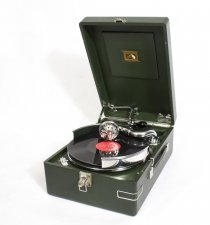 Antique Portable HMV Gramophone Mod 102 Green with disc carrier 1934 | Ref. no. 08341 | Regent Antiques