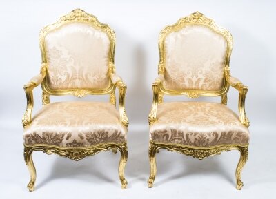 Pair of French 19th Century Gold Gilt Louis XV Armchairs - Fireside