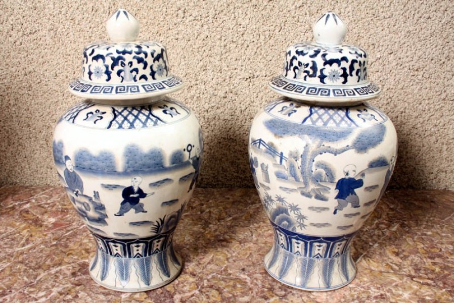 Lovely Pair Hand Painted Porcelain Vases Chinese Motif | Ref. no. 02120 | Regent Antiques