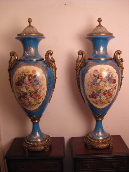Antique Pair of French Bleu Celeste Porcelain Urns 19th C : AnticSwiss