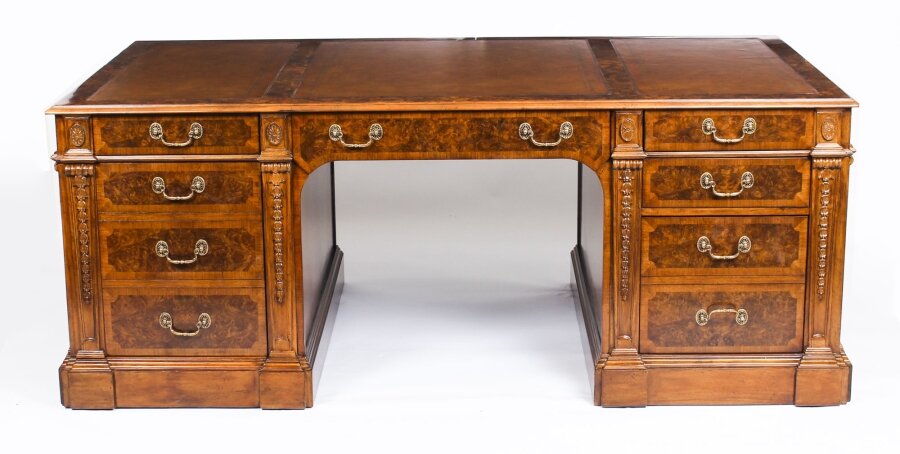 Vintage Victorian Style Burr Walnut Partners Pedestal Desk 20th C | Ref. no. 03242 | Regent Antiques