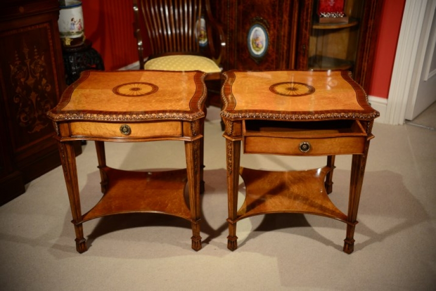 Stunning Pair Birdseye Maple Side Tables With Drawers