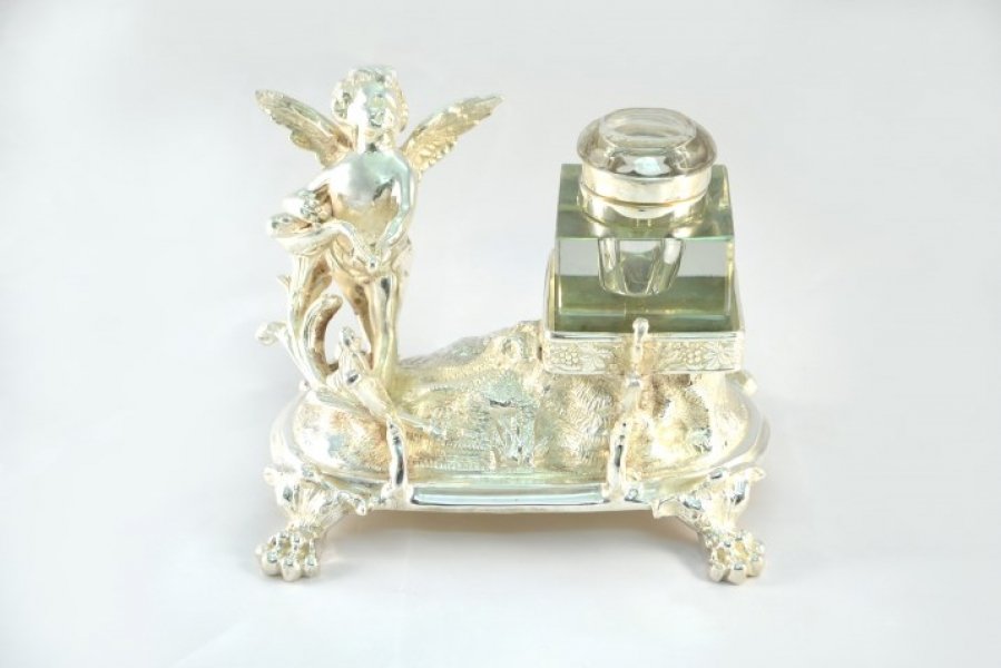 Winged Cherub Silver Plated Ink Well Desk Set | Ref. no. 05227 | Regent Antiques