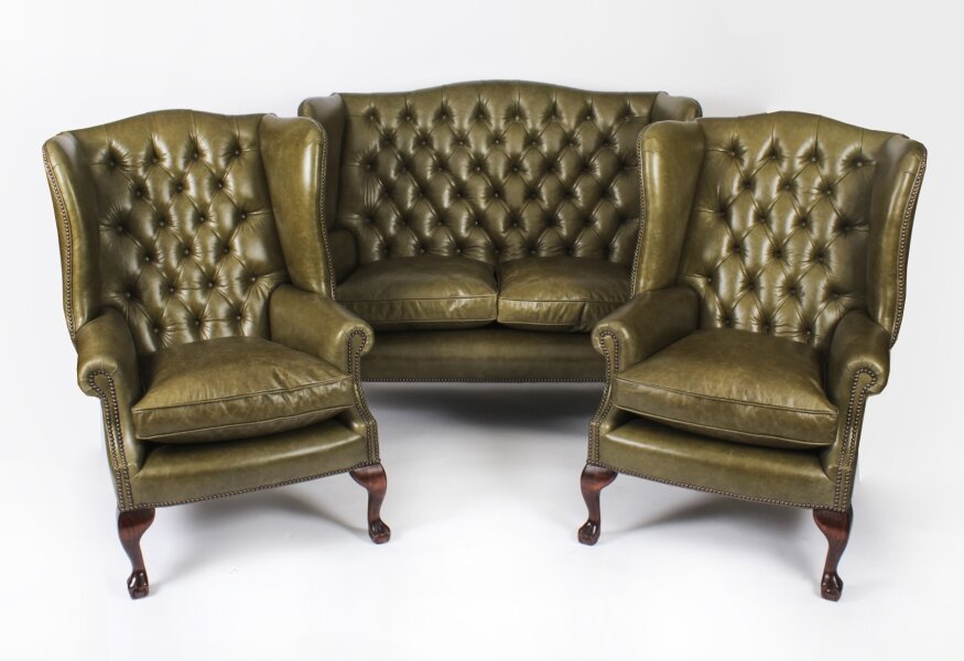 Bespoke English Hand Made 3 x Leather Chippendale Suite Alga Green | Ref. no. 06749g | Regent Antiques