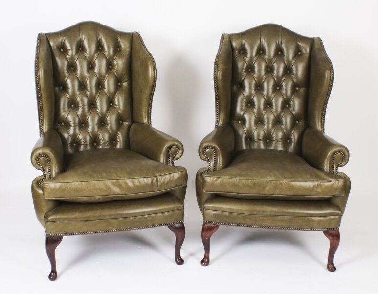Bespoke Pair Leather Queen Anne Wingback Armchairs Alga Green | Ref. no. 09048h | Regent Antiques