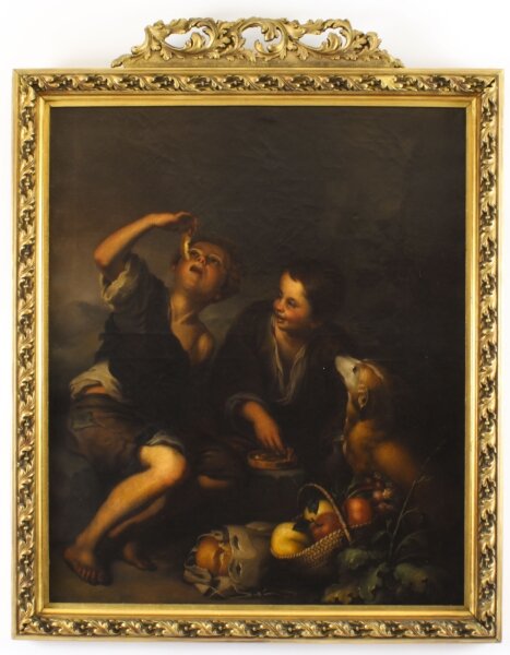 Antique Oil Painting Grape and Melon Eaters After Bartolome\