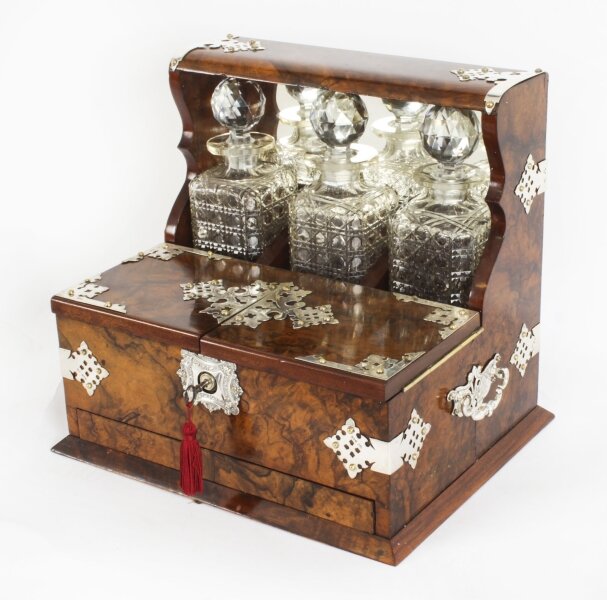 Antique Silver Mounted Burr Walnut 3 Crystal Decanter Tantalus Dry Bar 19th C | Ref. no. A3710 | Regent Antiques