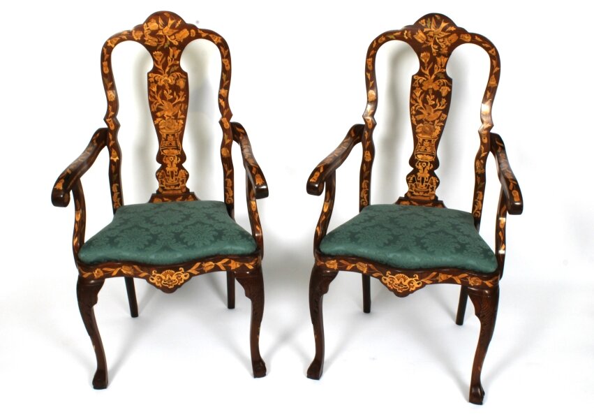 Antique Pair Dutch Marquetry Walnut High Back Armchairs Late 18th C | Ref. no. A3758 | Regent Antiques