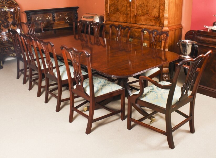 Vintage Twin Pillar Mahogany Dining Table & 10 Chippendale Dining Chairs 20th C | Ref. no. A3992a | Regent Antiques