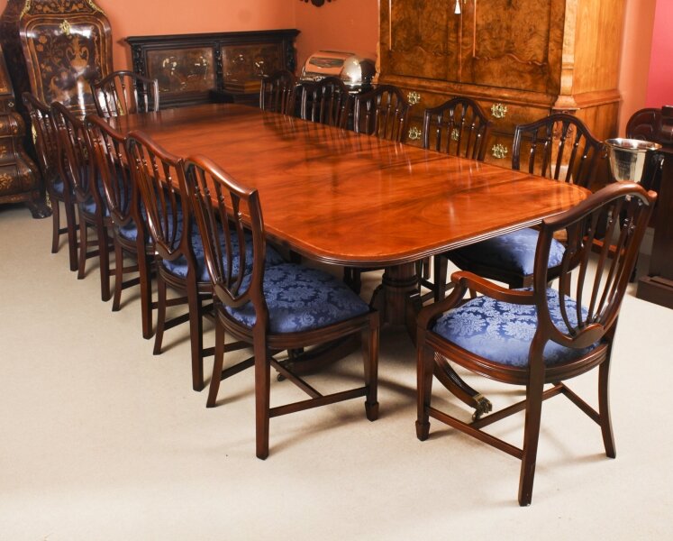 Vintage Arthur Brett Two Pillar Dining Table & 12 Hepplewhite Chairs 20th C | Ref. no. A4048b | Regent Antiques