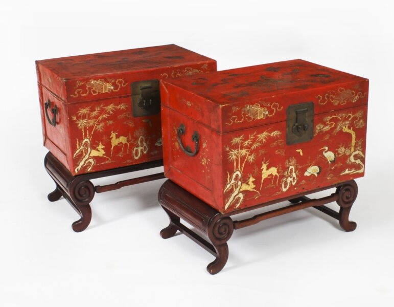 Antique Pair Chineses Red Lacquered Leather Chinoiserie Trunks 19th C | Ref. no. A4060 | Regent Antiques