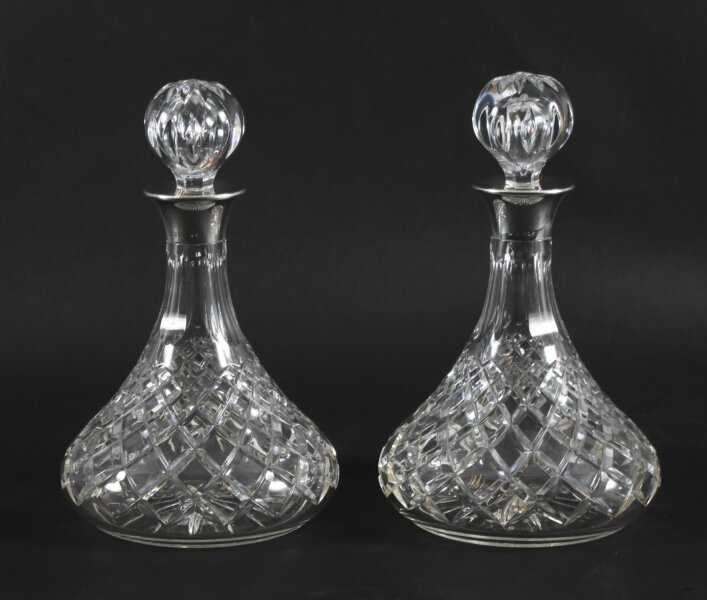 Vintage Pair of Cut Crystal Glass Silver Mounted Decanters Birmingham 1972 | Ref. no. A4122 | Regent Antiques