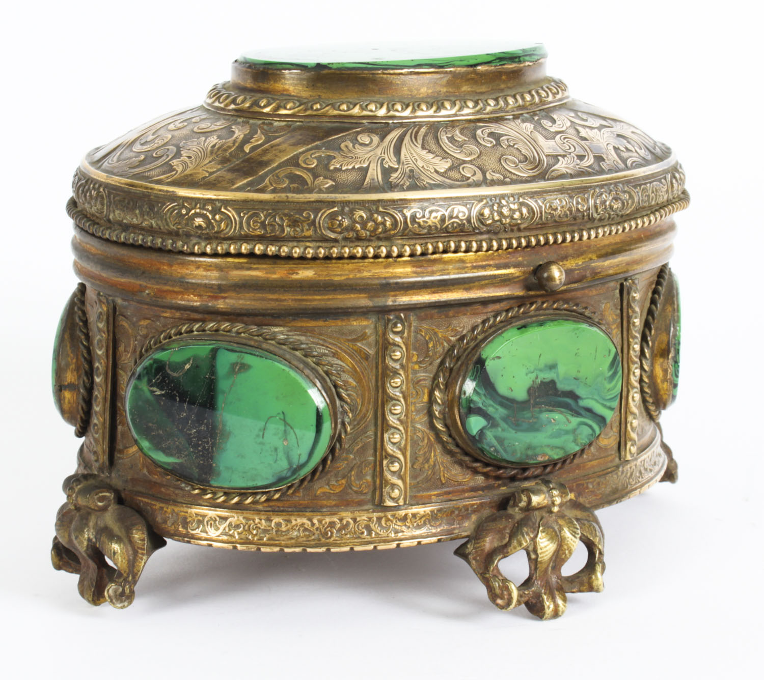 Antique MALACHITE Ormolu Dore Bronze Stone Jewelry Box