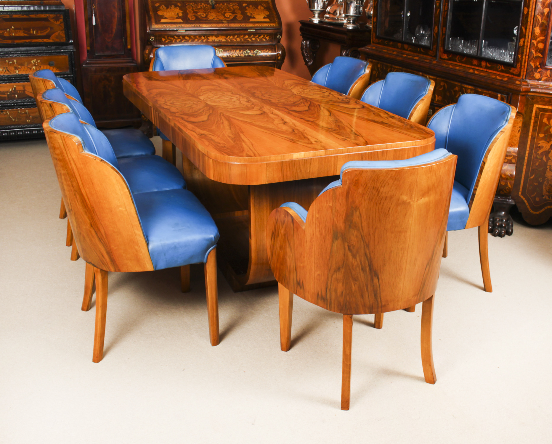 burr walnut dining table and chairs