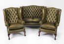 Bespoke English Hand Made 3 x Leather Chippendale Suite Alga Green