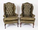 Bespoke Pair Leather Queen Anne Wingback Armchairs Alga Green