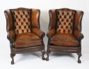 Antique Pair Leather Chippendale Revival Wingback Armchairs 20th C Antique Pair Leather Chippendale Revival Wingback Armchairs 20th C